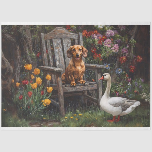 Dachshund with a Goose in a Garden Decoupage Tissue Paper (Front)