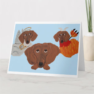 Dachshund with angel and devil card