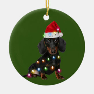 Dachshund With Christmas Scafts Santa Hat Ceramic Ornament