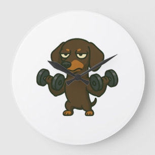 Dachshund with dumbbell fitness training biceps wo large clock