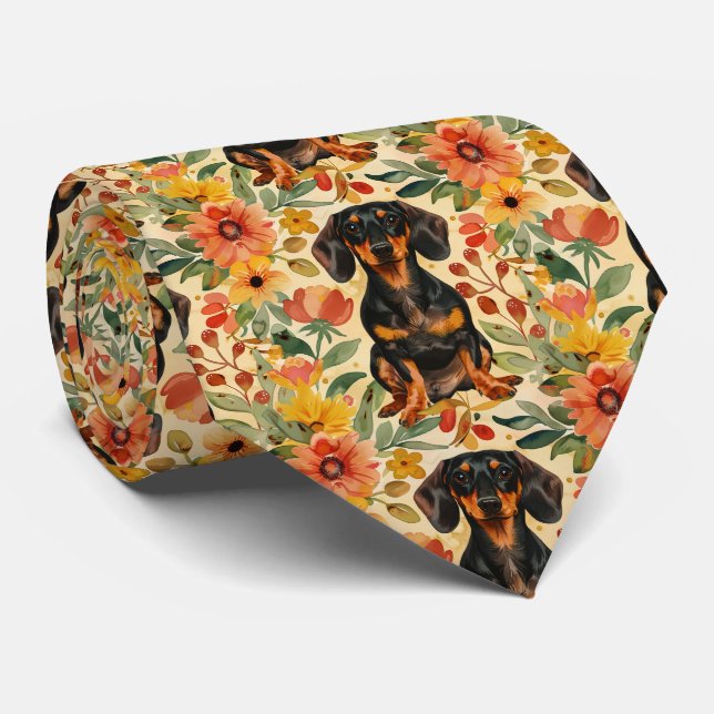 Dachshund With Flowers Gouache Tie (Rolled)