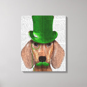 Dachshund With Green Top Hat and Moustache Canvas Print