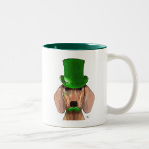 Dachshund With Green Top Hat and Moustache Two-Tone Coffee Mug