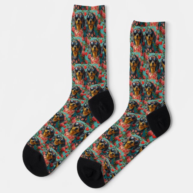 Dachshund With Heart Roses Valentine's Day Socks (Left)