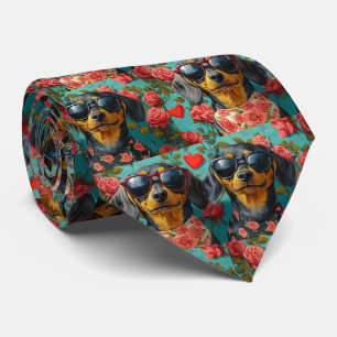 Dachshund With Heart Roses Valentine's Day Tie