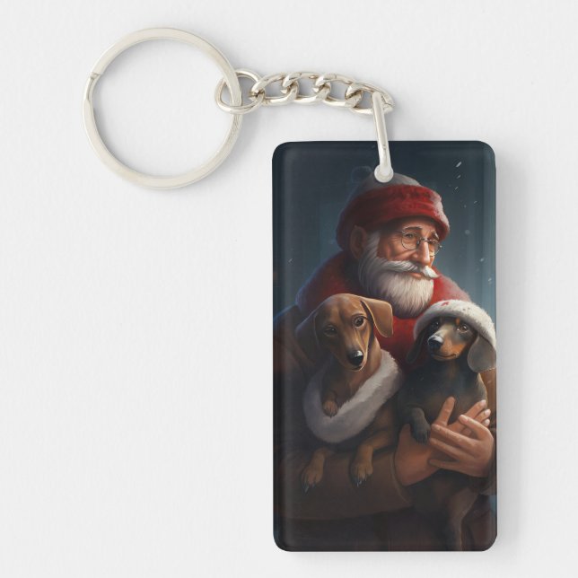 Dachshund With Santa Claus Festive Christmas Keychain (Front)