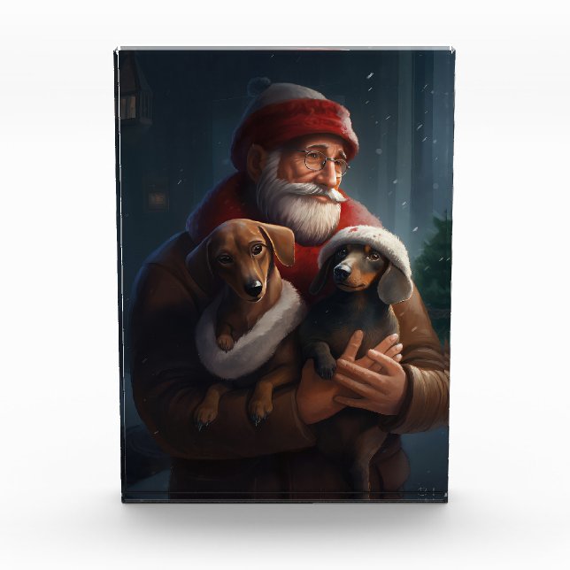 Dachshund With Santa Claus Festive Christmas Photo Block (Front)
