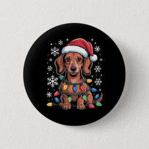 Dachshund With Santa Hat Wrapped In Christmas Ligh 2 Inch Round Button