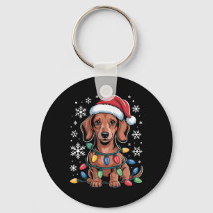 Dachshund With Santa Hat Wrapped In Christmas Ligh Keychain
