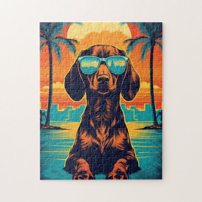 Dachshund with sunglasses at a tropical beach jigsaw puzzle (Vertical)