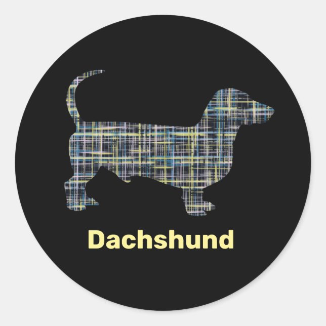 Dachshund Yellow & Blue Grid Lines Abstract Classic Round Sticker (Front)