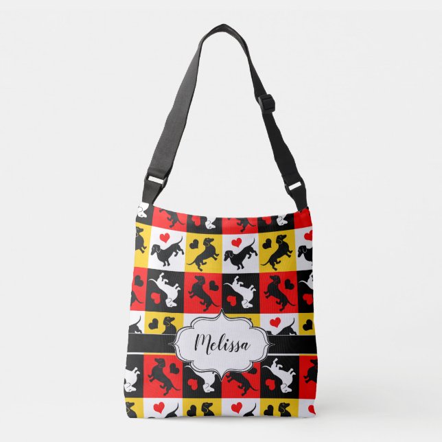 Dachshunds and Hearts Colorful Gingham Pattern Crossbody Bag (Front)