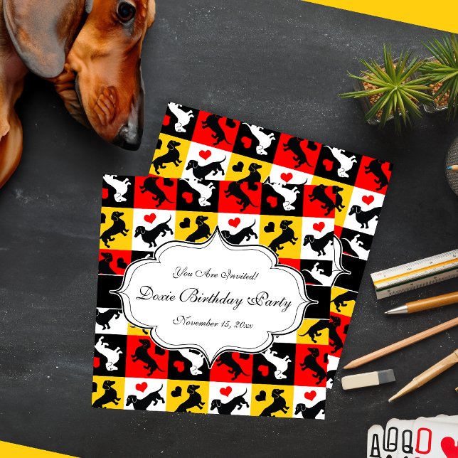Dachshunds and Hearts Doxie Birthday Party Invitation (Creator Uploaded)