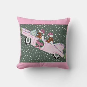 Dachshunds at Christmas in a pink convertible Throw Pillow