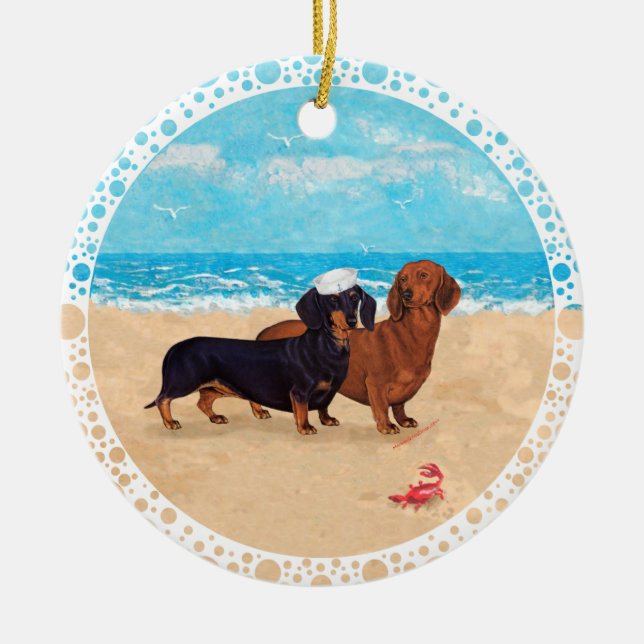 Dachshunds at the Beach Ceramic Ornament (Front)