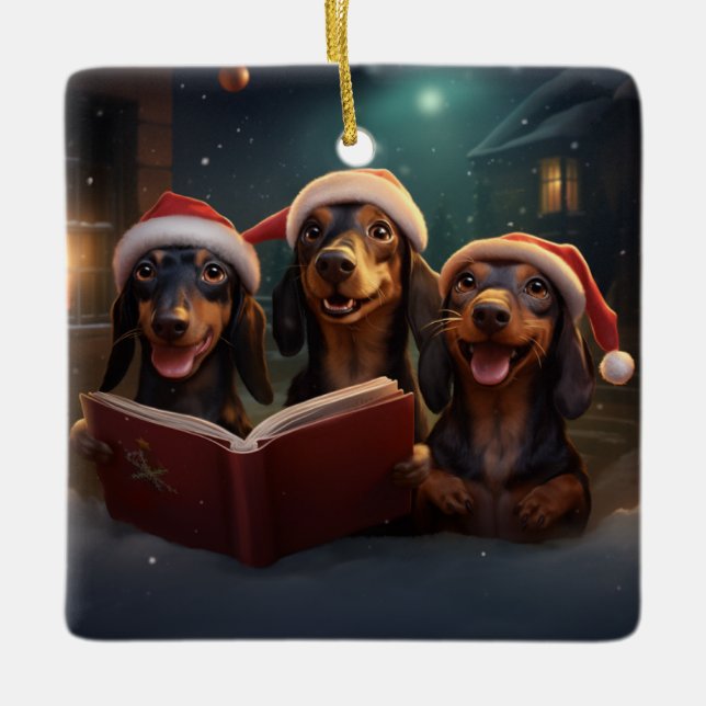 Dachshunds Christmas Caroling Festive Holiday Ceramic Ornament (Front)