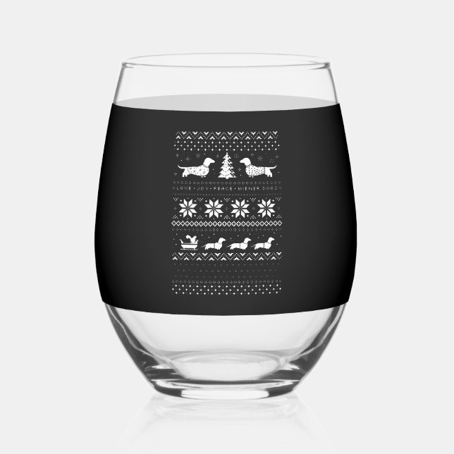 Dachshunds Christmas Sweater Pattern Classic T-Shi Stemless Wine Glass (Front)