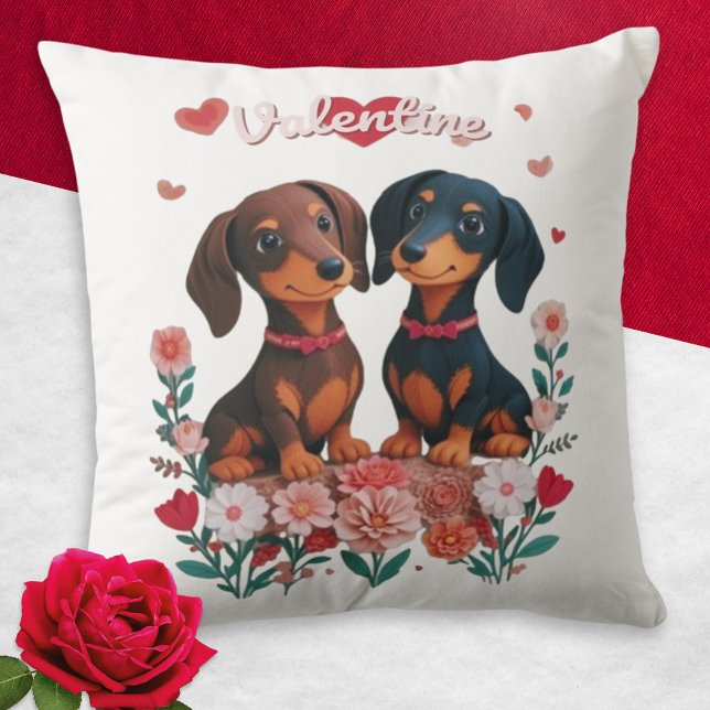 Dachshunds Hearts Flowers Dogs Valentine's Day Throw Pillow (A cute cushion for Valentine's Day, with picture of two dachshunds with hearts and flowers)