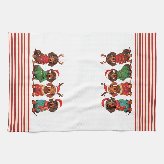 Dachshunds in Antlers & Santa Hats: Christmas Kitchen Towel (Horizontal)