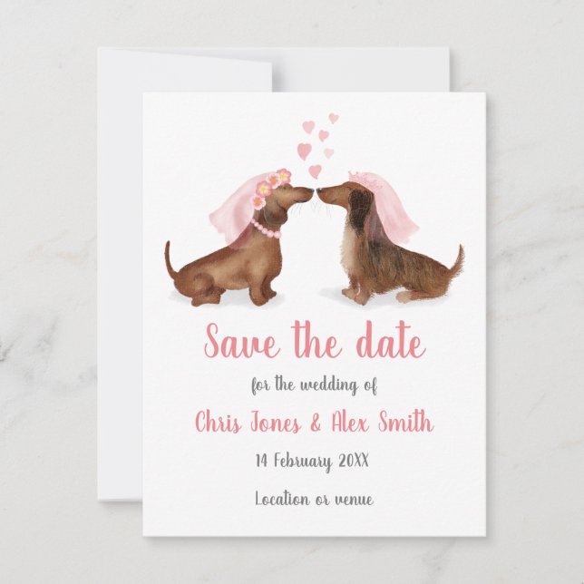Dachshunds in love save the date card (girl/girl) (Front)