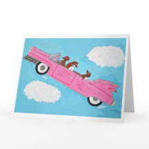 Dachshunds in Pink Convertible in the sky