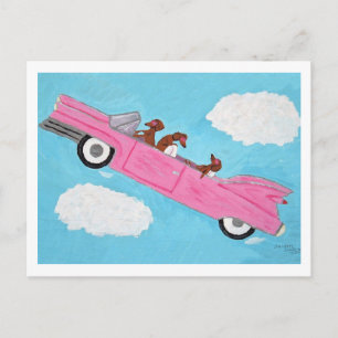 Dachshunds in Pink Convertible in the sky Invitation Postcard