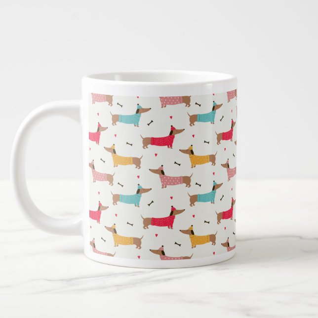 Dachshunds in Sweaters Holiday Pattern Large Coffee Mug (Left)