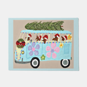 Dachshunds in their Christmas Hippie Van Doormat