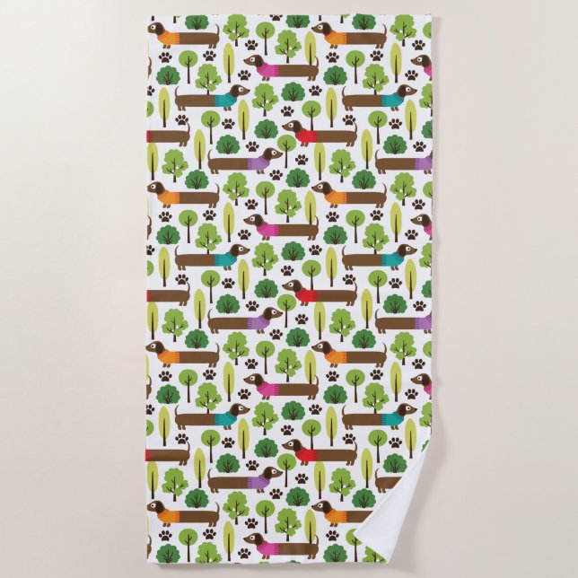 Dachshunds On A Walk In The Park Beach Towel (Front)