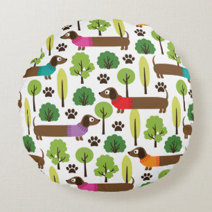 Dachshunds On A Walk In The Park Round Pillow