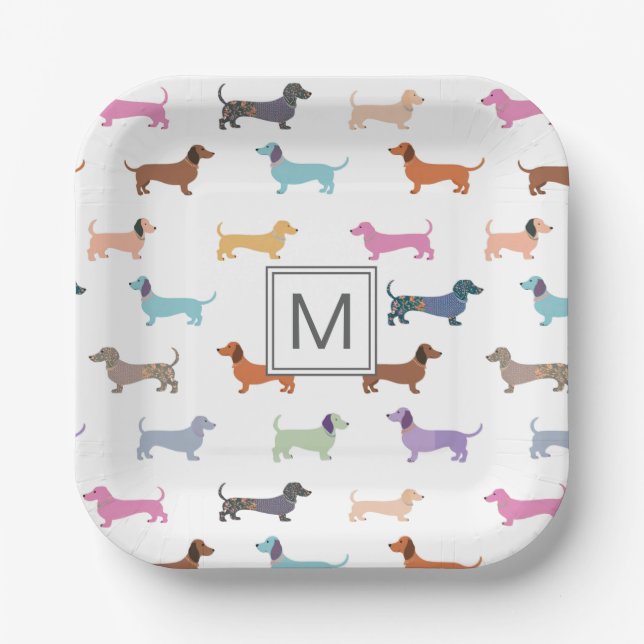 Dachshunds Pattern Colourful Party Monogrammed Paper Plate (Front)