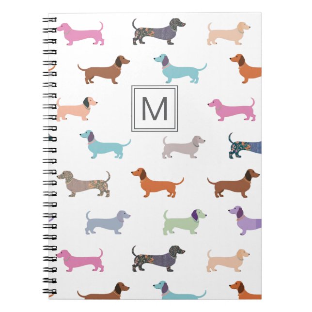 Dachshunds Pattern Stylish Colourful Monogrammed Notebook (Front)