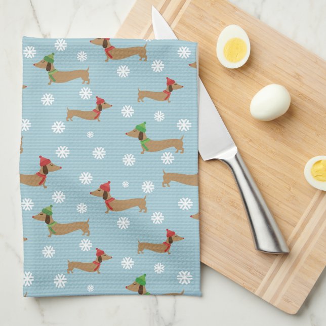 Dachshunds & Snowflakes on Blue Kitchen Towel (Quarter Fold)