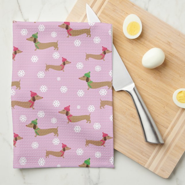 Dachshunds & Snowflakes on Pink Kitchen Towel (Quarter Fold)