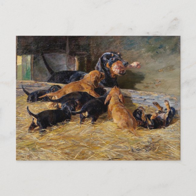 Dachshunds with Puppy in the Stable Hermine Bieder Postcard (Front)