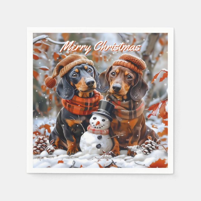 Dachshunds with Snowman Christmas Napkin (Front)