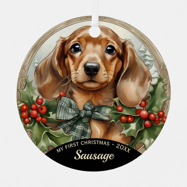 Dachsund Puppy's First Christmas Metal Ornament (Front)