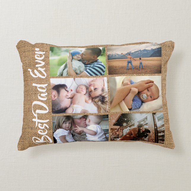 Dad 8 photo collage burlap hessian country rustic accent pillow (Front)