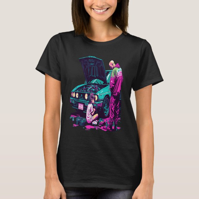 Dad and Daughter Fixing Car Retro Pop Car Mechanic T-Shirt (Front)