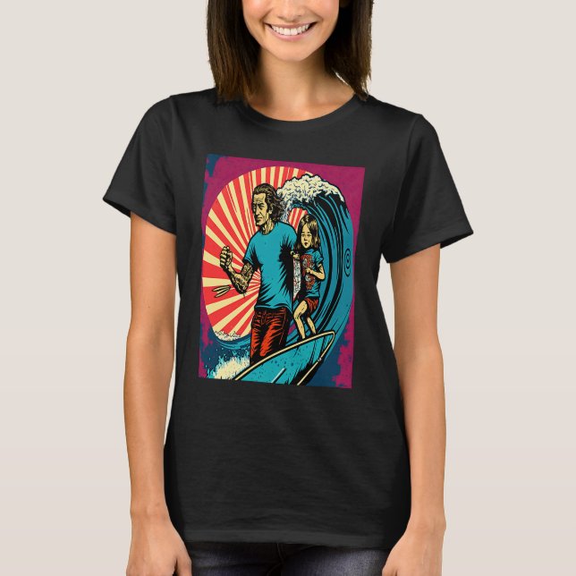 Dad And Daughter Surfing Retro Pop Surfer Dad  3 T-Shirt (Front)
