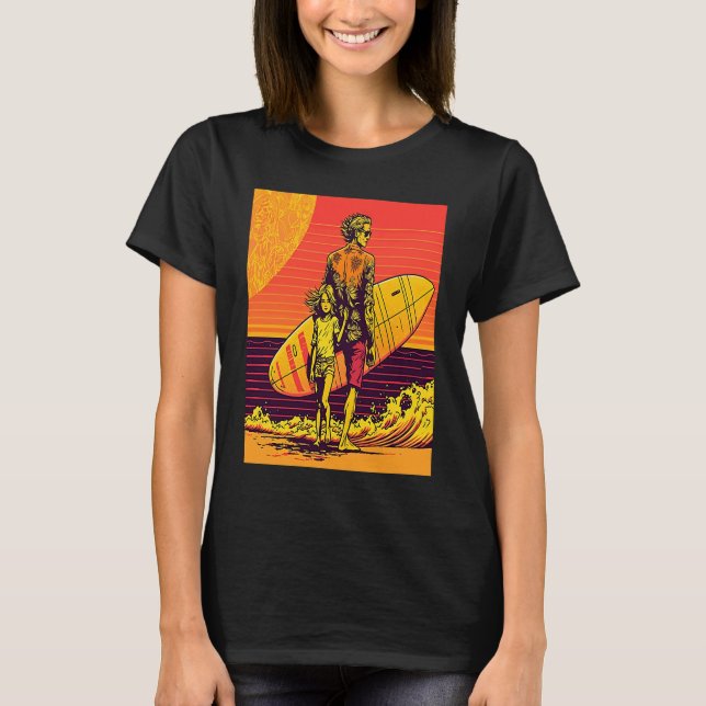 Dad And Daughter Surfing Retro Pop Surfer Dad T-Shirt (Front)