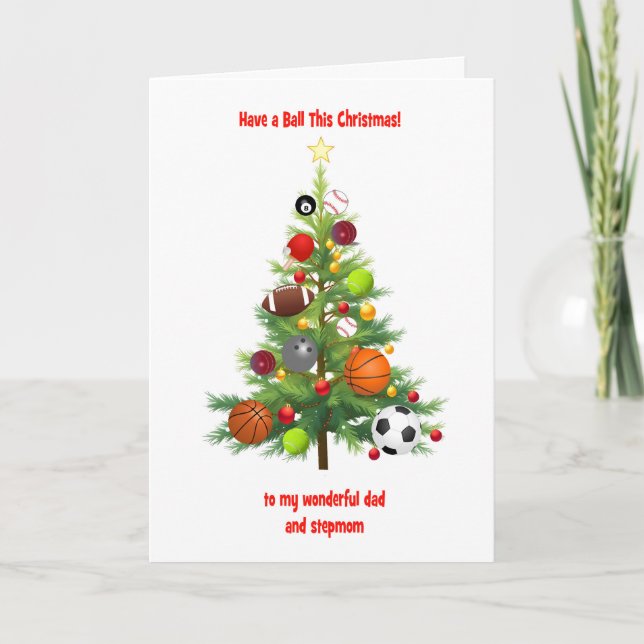 Dad and Step Mom Christmas Tree With Balls Holiday Card (Front)