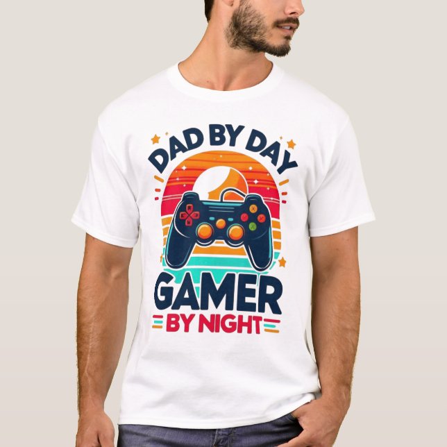 Dad By Day Gamer By Night: Retro Sunset Controller T-Shirt (Front)