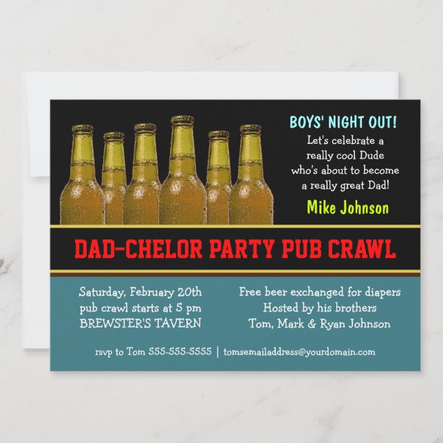 Dad-chelor Party Pub Crawl Diaper Beer Invitations (Front)