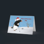 Dad, Christmas, Penguin Playing Golf Holiday Card<br><div class="desc">On this Christmas card for a dad, a penguin is seen wearing a red and white Santa Claus hat and is getting read to strike the golf ball on the snowy playing field. A red and white candy cane sticks up from the snow behind the penguin and a leafless bush...</div>