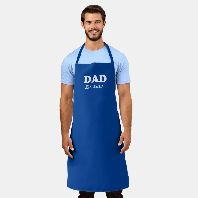 Dad Custom Est date blue solid Modern grill bbq Apron (Worn)