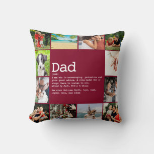 Dad Definition 12 Photo Collage Burgundy Throw Pillow