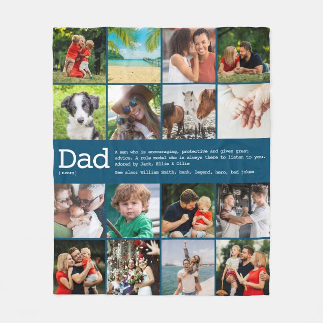 Dad Definition 16 Photo Collage Blue Fleece Blanket (Front)