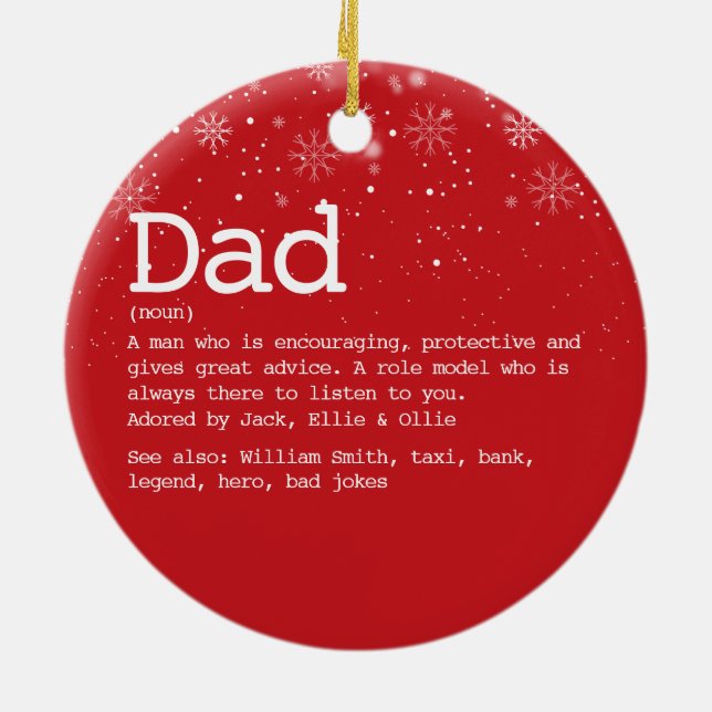 Dad Definition Christmas Winter Snowflakes Red Ceramic Ornament (Back)