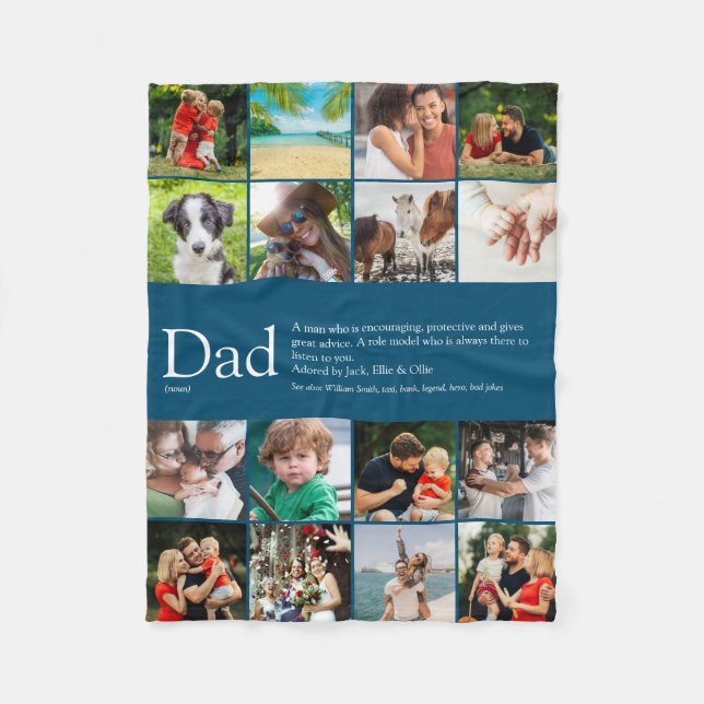 Dad Definition Saying 16 Photo Collage Blue Small Fleece Blanket (Front)